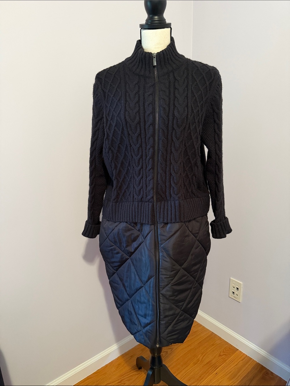 Women’s Black Quilted Cable-Knit Zip Front Puffer Coat